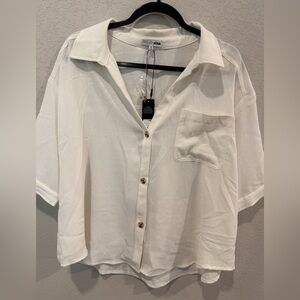 Fashion Nova Cream Lightweight Button-Up Shirt